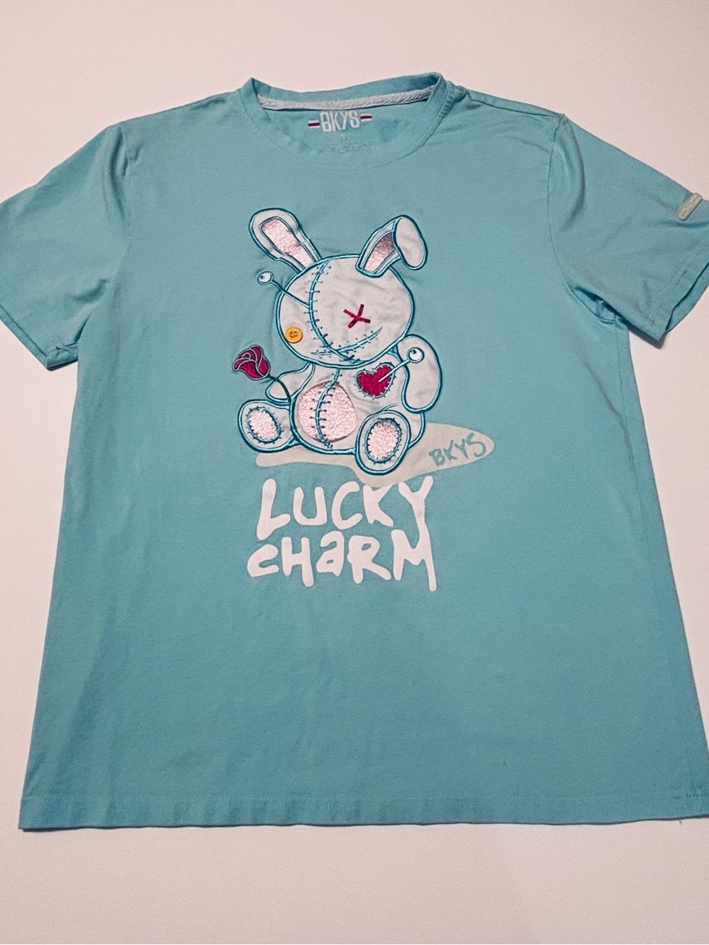 BKYS Lucky Charm Voodoo Bunny T-Shirt Teal Blue Embroidered Streetwear Sz S